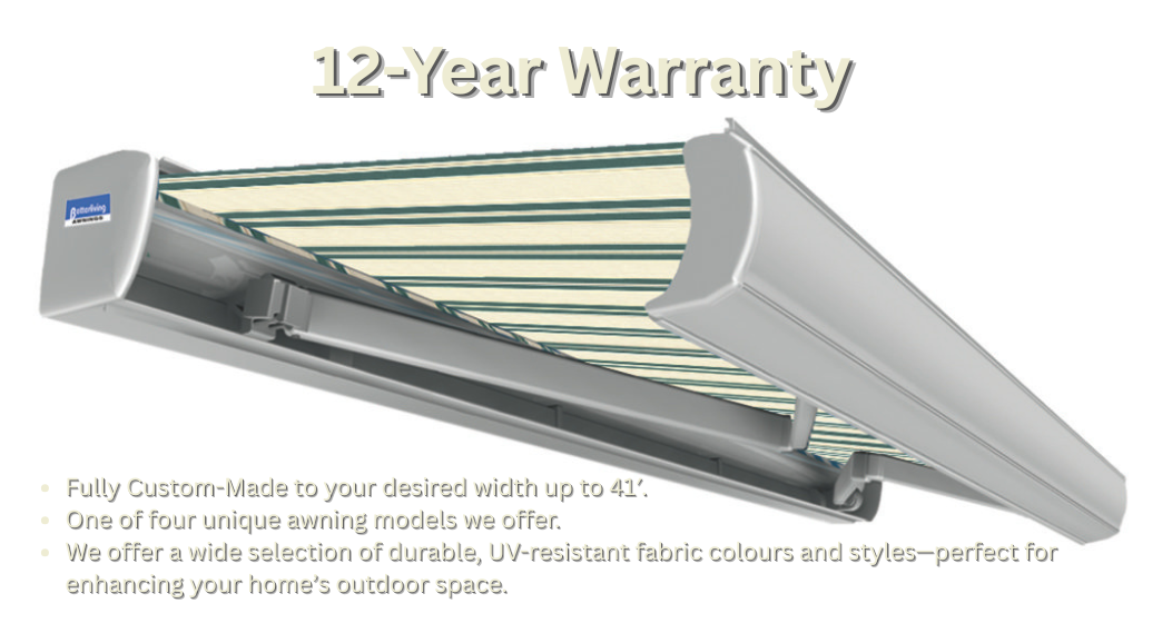 Custom fabric awning with warranty details - Model 4